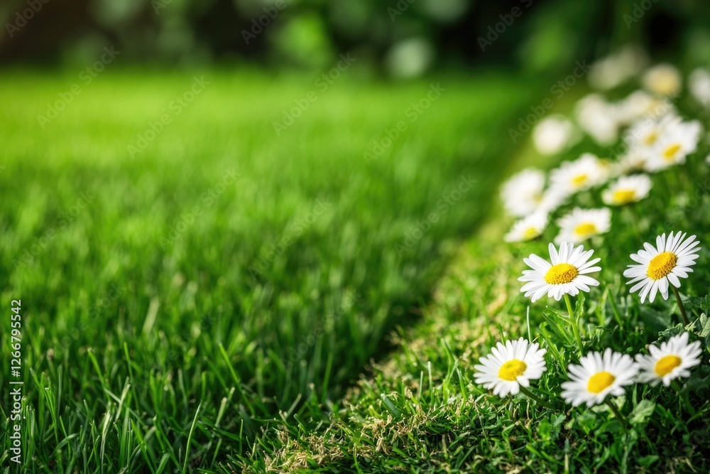 A natural scene with daisies growing amidst the green grass, perfect for outdoor and nature-themed uses