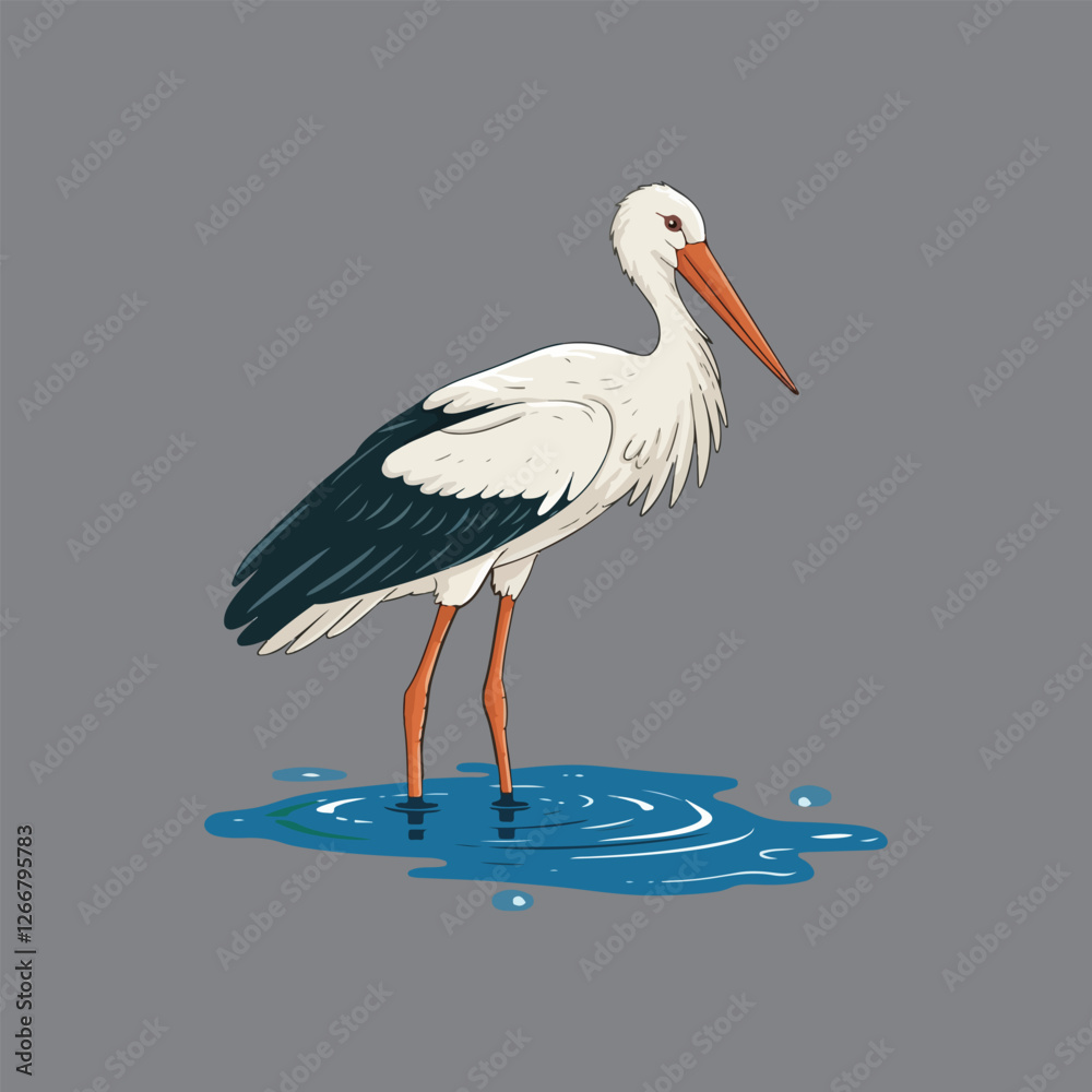 Fototapeta premium A colorful digital illustration of a stork standing in a small blue water puddle, with long orange legs