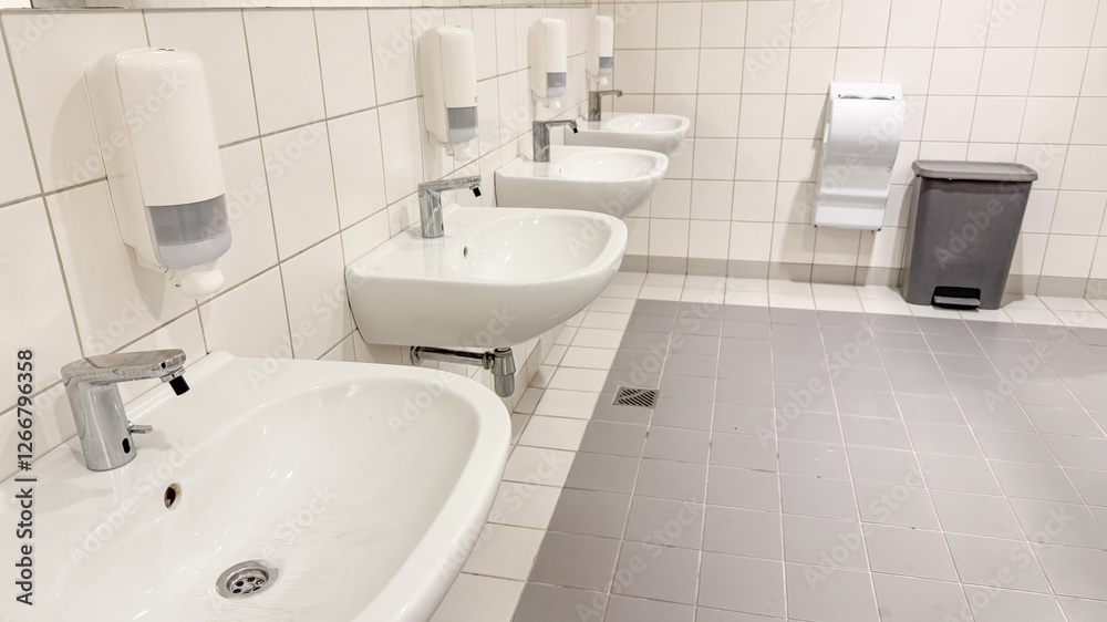 A modern public restroom features clean white sinks and wall-mounted soap dispensers, emphasizing hygiene during flu season A modern public restroom features clean white sinks and wall-mounted soap dispensers, emphasizing hygiene during flu season