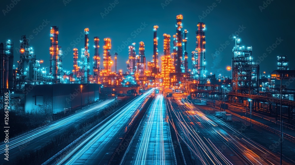 Fototapeta premium A vibrant export-import infographic displayed as glowing holograms over a busy industrial backdrop, modern and conceptual 