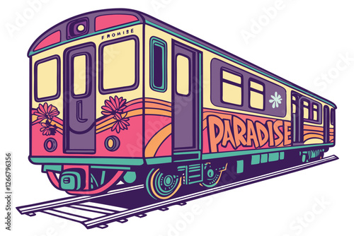  Colorful graffiti train, vibrant street art, urban railway carriage, psychedelic colors, intricate designs, spray paint aesthetic, dynamic patterns, neon accents, abstract characters, cartoon style
