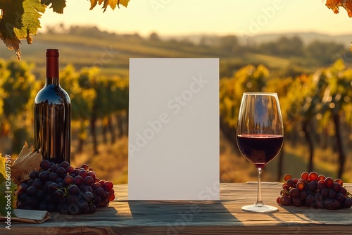 Mockup of empty white menu on wooden table with wine and grapes in wine restaurant, vineyard background. Menu mockup