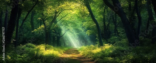 Mystical Forest Path with Natural Archway and Ethereal Sunlight