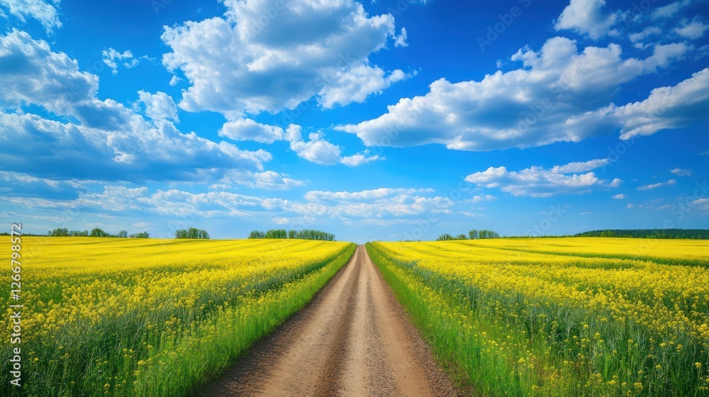 Country road through rapeseed field, sunny day, clouds Country road through rapeseed field, sunny day, clouds