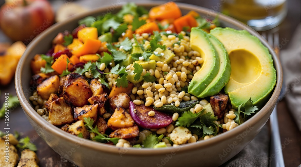 Vegan Buddha bowl with quinoa, avocado, and roasted vegetables Vegan Buddha bowl with quinoa, avocado, and roasted vegetables