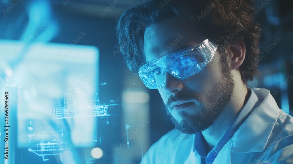 A man wearing blue goggles is looking at a computer screen A man wearing blue goggles is looking at a computer screen