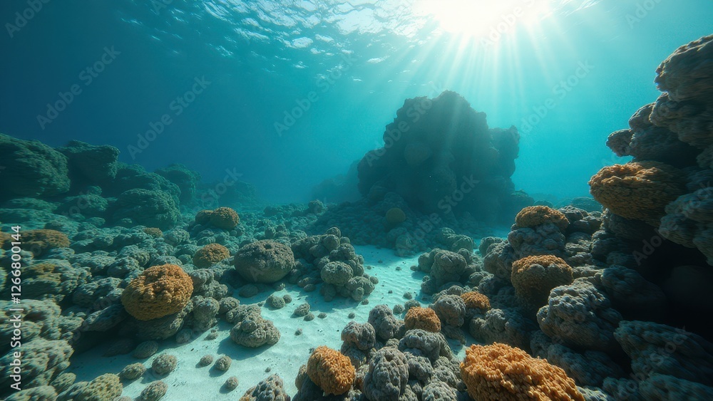Fototapeta premium Underwater ruins with bleached coral covering ancient stone structures 