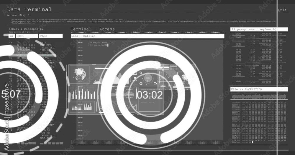 Image of financial data processing over screens on black background Image of financial data processing over screens on black background