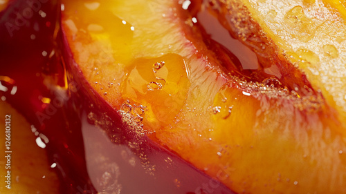 Close up of juicy peaches, amber dripping, macro photography.
