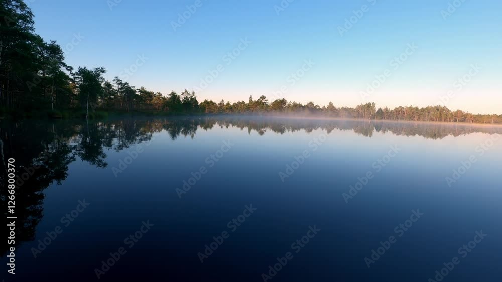 Serene Wilderness Bog with Pristine Water Reflections at Daybreak. Pine Forest Mirror Image Captured in Still Waters with Dawn Mist Rising Serene Wilderness Bog with Pristine Water Reflections at Daybreak. Pine Forest Mirror Image Captured in Still Waters with Dawn Mist Rising