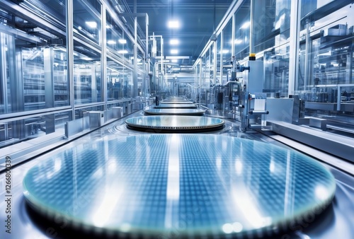 Semiconductor factory interior. Modern cleanroom with automated machinery for wafer processing.
