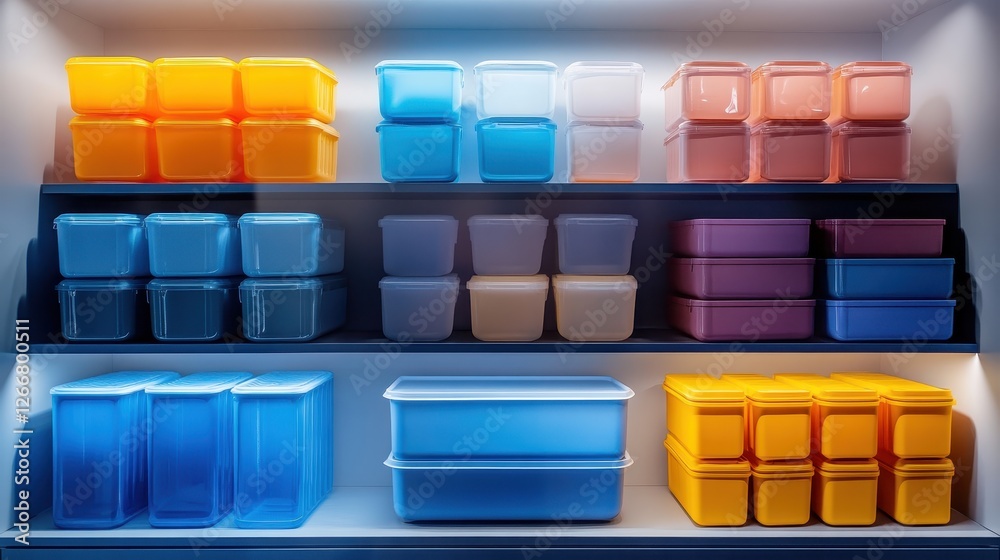 Fototapeta premium A shelf full of plastic containers in various colors