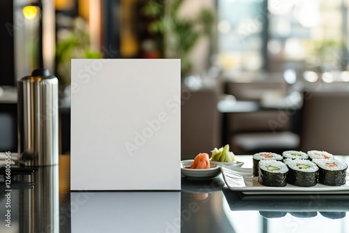 Blank white menu mockup on glass table in sushi restaurant. Menu mockup