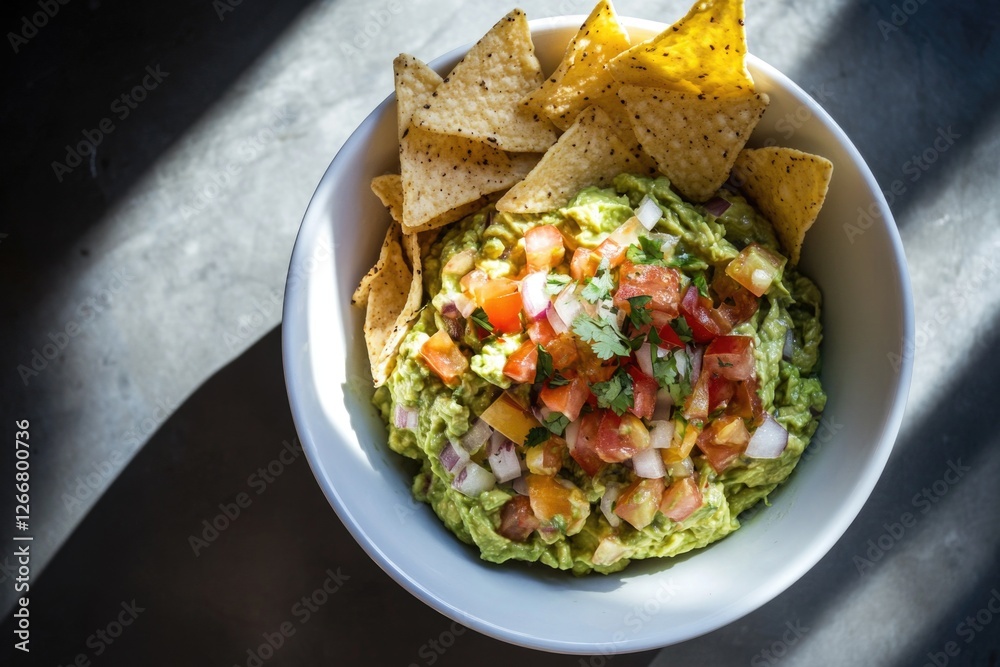 Fresh guacamole served with crispy tortilla chips, perfect for snacking or as an appetizer Fresh guacamole served with crispy tortilla chips, perfect for snacking or as an appetizer