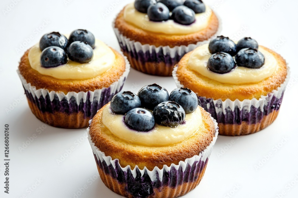 A plate of freshly baked cupcakes topped with juicy blueberries, perfect for a dessert or snack A plate of freshly baked cupcakes topped with juicy blueberries, perfect for a dessert or snack