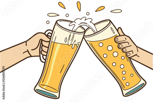  Beer glasses clinking, golden lager, frothy foam, bubbles rising, hands toasting, celebration, crisp refreshment, amber liquid, clear glassware, white background, high contrast, close-up shot, phot