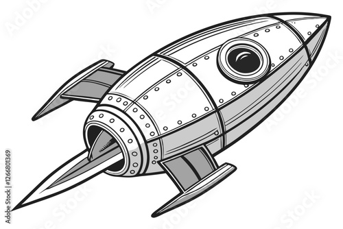  Metallic rocket-shaped spacecraft, sleek futuristic design, retro sci-fi aesthetic, silver chrome finish, detailed rivets and panels, streamlined aerodynamic form, fins and propulsion nozzle, indus