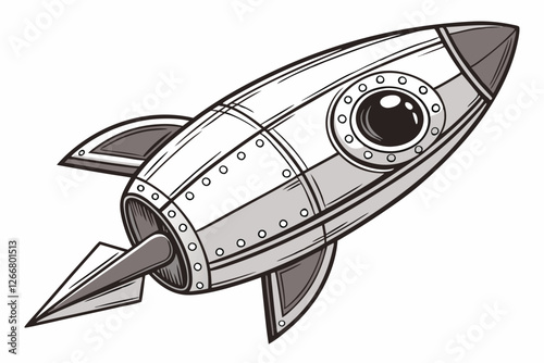  Metallic rocket-shaped spacecraft, sleek futuristic design, retro sci-fi aesthetic, silver chrome finish, detailed rivets and panels, streamlined aerodynamic form, fins and propulsion nozzle, indus