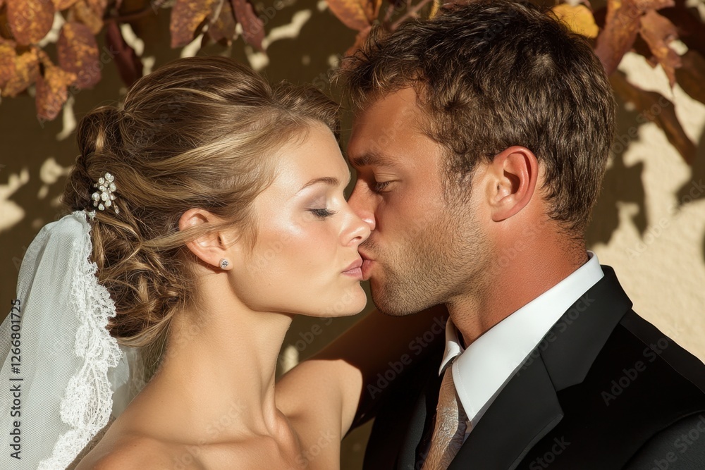 wedding ceremony, man and woman kissing in front of crowd. groom is wearing suit, and bride is wearing a white wedding dress. engagement, newlyweds hug and look at each other tenderly. wedding ceremony, man and woman kissing in front of crowd. groom is wearing suit, and bride is wearing a white wedding dress. engagement, newlyweds hug and look at each other tenderly.