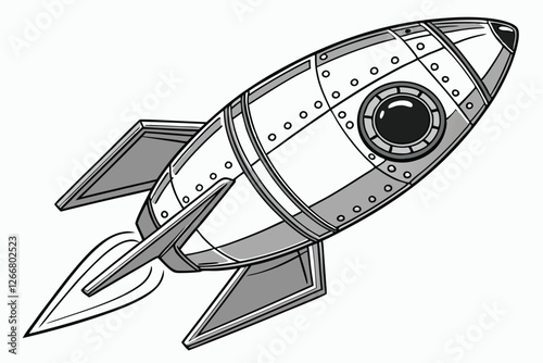  Metallic rocket-shaped spacecraft, sleek futuristic design, retro sci-fi aesthetic, silver chrome finish, detailed rivets and panels, streamlined aerodynamic form, fins and propulsion nozzle, indus