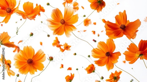 64.Multiple orange cosmos flowers scattered mid-air in varying positions, their petals and stems creating a sense of motion and elegance against a seamless white background.