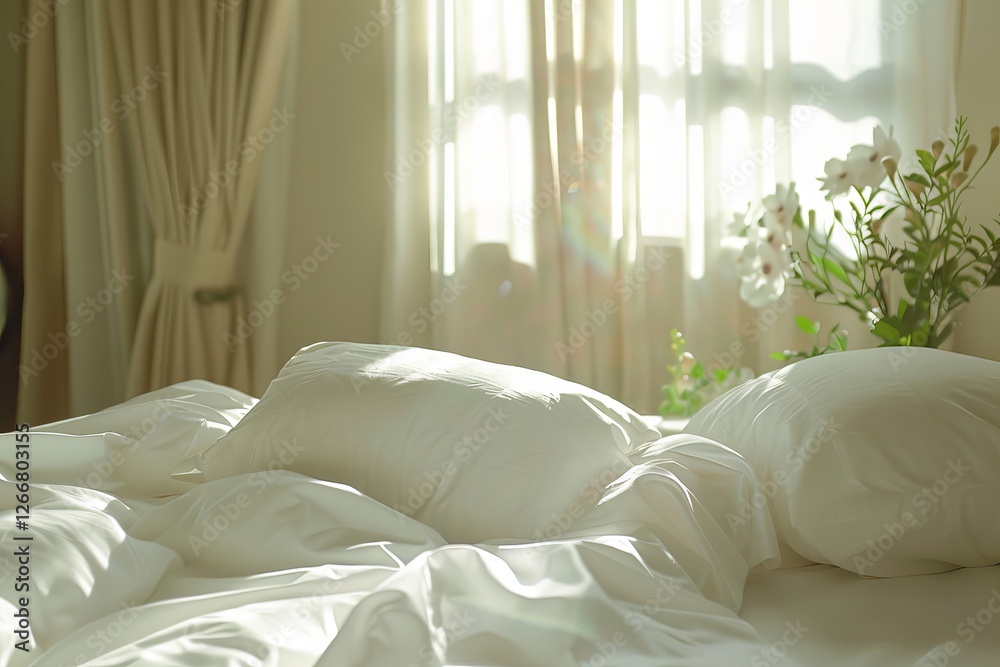 Close up of white pillows on bed in the morning sunlight Close up of white pillows on bed in the morning sunlight
