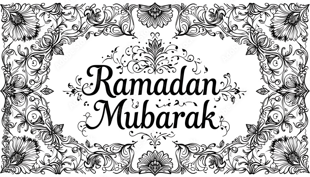 Intricate Black and White Ramadan Mubarak Calligraphy with Floral Islamic Art Frame