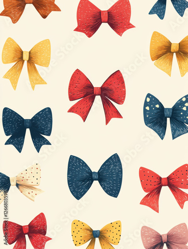 cute bows, pattern design, fabric art, flat illustration, simetric, flat, clean, vector image,  photo