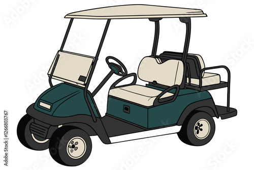  Photo of a golf cart with a dark green body and a beige interior. The cart has a large canopy over the front seat and a small cargo area in the back. The tires are black with silver rims. The cart 