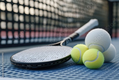 Three tennis balls and a racket on a tennis court, ideal for sports or fitness use