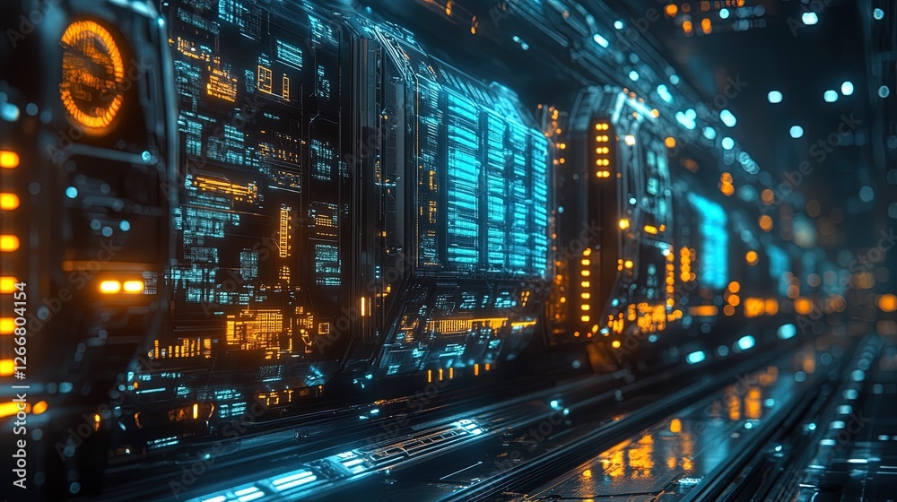 A close-up of glowing logistics devices in a futuristic export facility, sleek and detailed A close-up of glowing logistics devices in a futuristic export facility, sleek and detailed