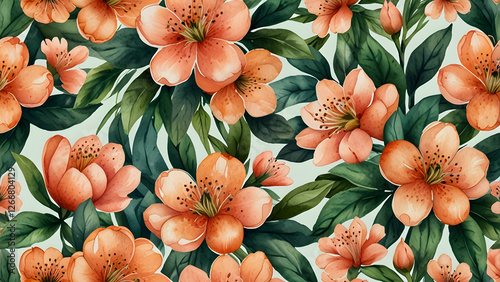 A vibrant and colorful watercolor pattern featuring orange flowers and lush green leaves.