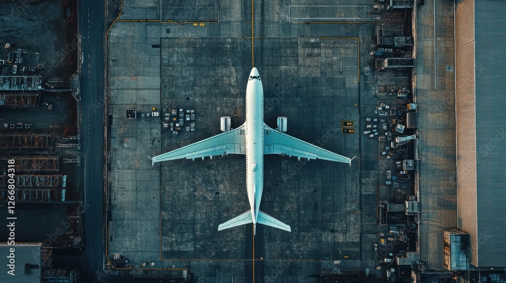 Aerial view from above of an airplane standing on an airport runway with marking lines and hangars Aerial view from above of an airplane standing on an airport runway with marking lines and hangars