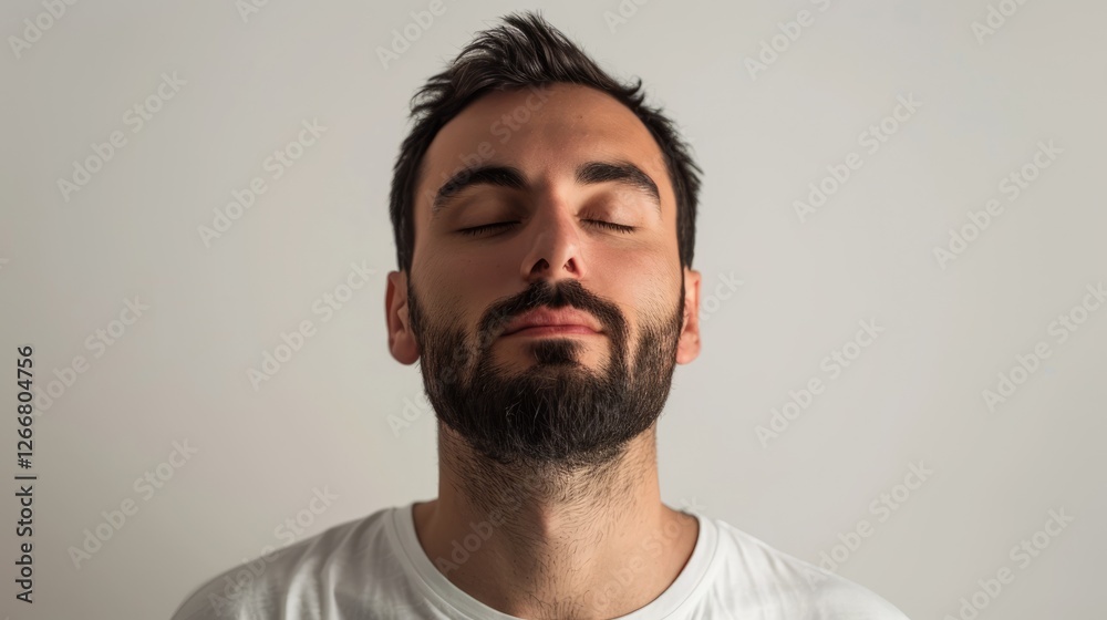 Calm man with closed eyes in a serene indoor setting, embodying tranquility and mindfulness, against a neutral backdrop Calm man with closed eyes in a serene indoor setting, embodying tranquility and mindfulness, against a neutral backdrop