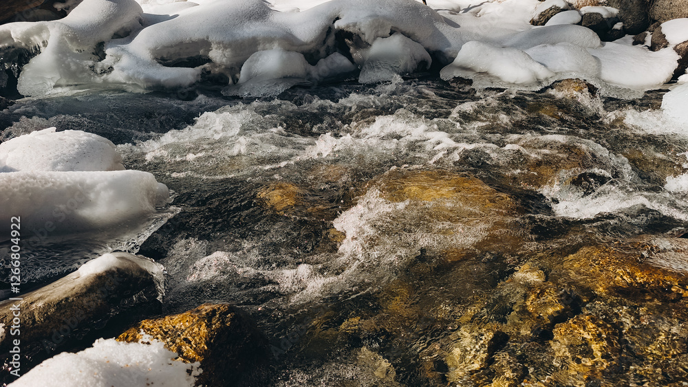 Fototapeta premium cold river waterstream in the snowy mountains