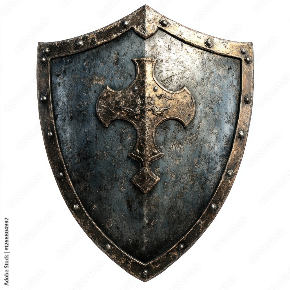 This medieval metal shield displays wear and tear, showcasing its rich history and perfect for use in reenactments or thematic decorations This medieval metal shield displays wear and tear, showcasing its rich history and perfect for use in reenactments or thematic decorations