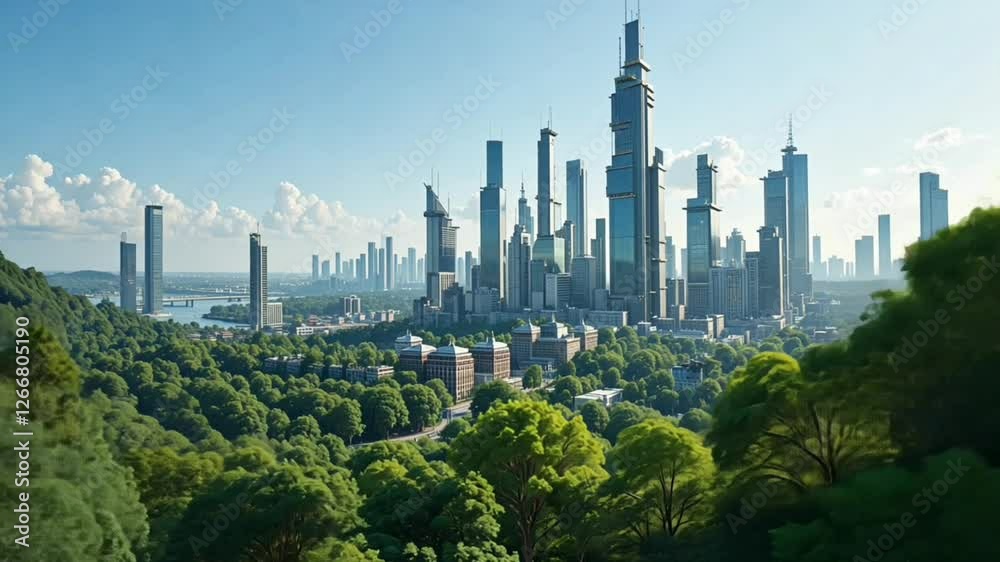 A futuristic smart city with towering skyscrapers and green spaces ...