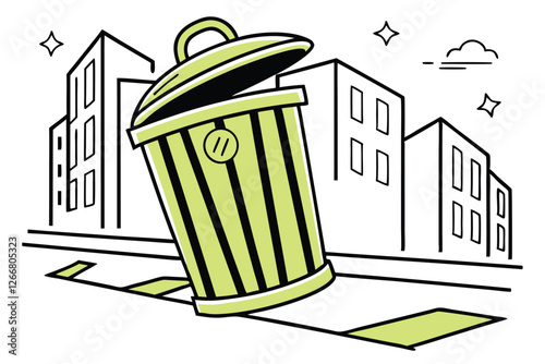  Cartoon trash can, bright green color, vertical stripes, simplified design, rounded lid, bold black outline, flat vector style, minimalist icon, waste management symbol, environmental concept, clea