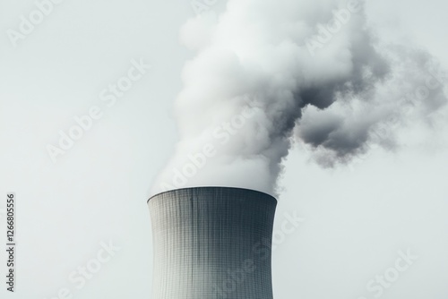 Chimney of a nuclear power plant releases extensive smoke into the atmosphere, showcasing industrial activity during overcast weather photo