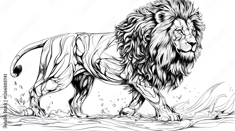 Obraz premium Lion Walking Sketch Lion strides across a river of water, showcasing its anatomy, suitable for book