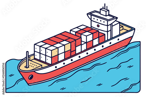  Container ship, colorful cargo containers, ocean liner, maritime transport, flat design, vibrant colors, side view, clean lines, minimalist illustration, digital art, blue water, red hull, white su