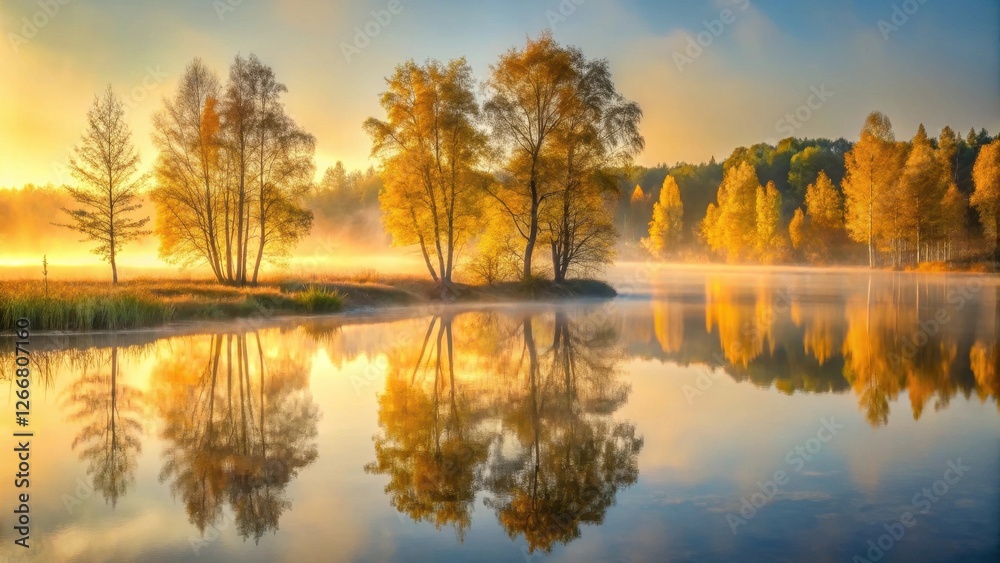Obraz premium Golden Autumn Sunrise Reflections on Still Water, Serene Landscape with Misty Trees
