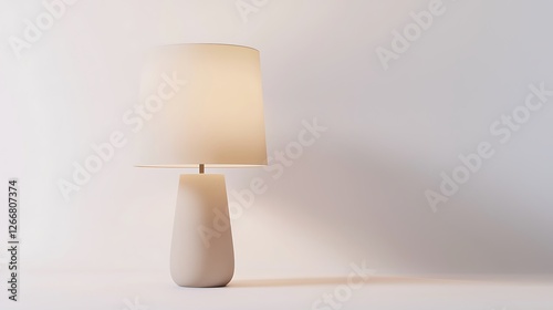 A lamp with a white shade sits on a white table