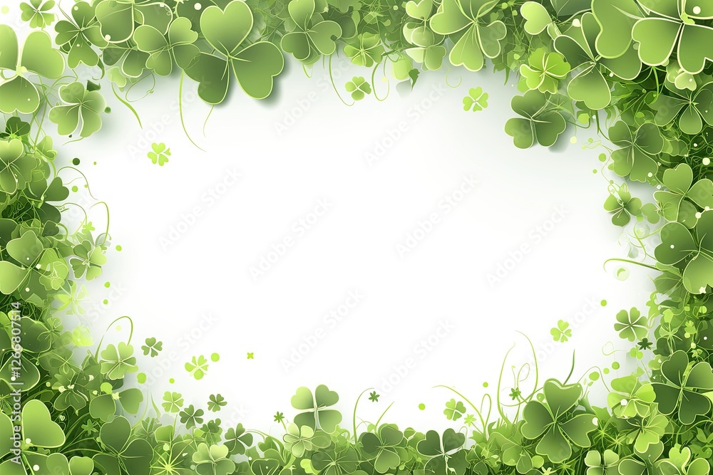 Light green clover leaf frame border on white background, realistic graphic design with scattered small leaves, ideal for springtime or St. Patrick's Day design template Light green clover leaf frame border on white background, realistic graphic design with scattered small leaves, ideal for springtime or St. Patrick's Day design template