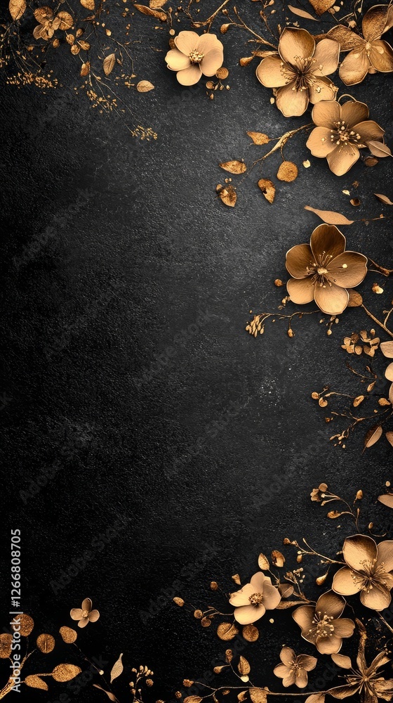 Elegant vertical arrangement of golden flowers on a black background, creating a luxurious and refined design with intricate details, suitable for modern and artistic concepts. Elegant vertical arrangement of golden flowers on a black background, creating a luxurious and refined design with intricate details, suitable for modern and artistic concepts.
