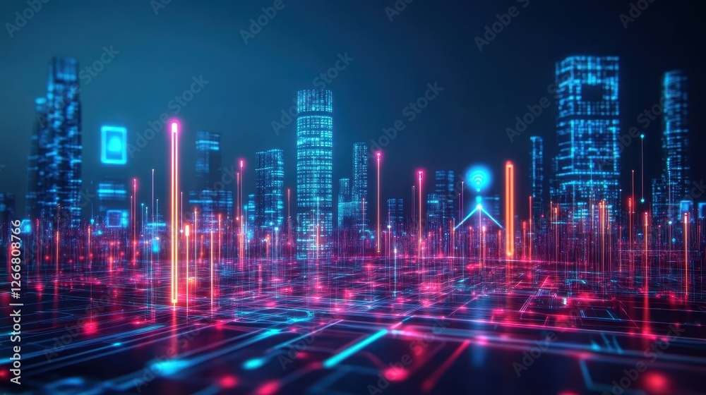 A cityscape with many buildings and lights A cityscape with many buildings and lights