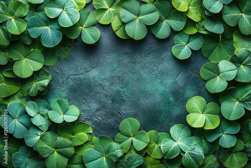 Fresh green clover leaves frame dark teal background, natural springtime theme,  detailed vibrant green foliage,  organic shapes, textured backdrop,  empty space in the center
