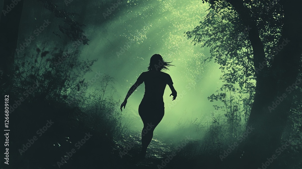 A person running through a shadowy forest, chased by something unseen, terrifying and dynamic A person running through a shadowy forest, chased by something unseen, terrifying and dynamic