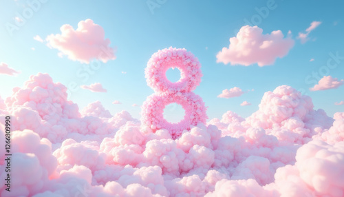 8 March formed from soft pink clouds floating in bright blue sky. Woman's Day. Romantic and dreamy atmosphere