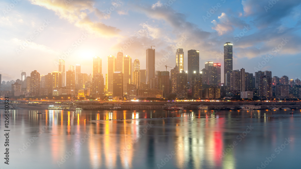 Majestic Urban Skyline at Sunset with Reflections in Water Majestic Urban Skyline at Sunset with Reflections in Water